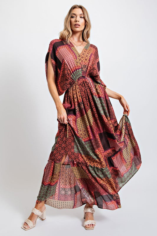 Easel Boho Patchwork Printed Gauze Maxi Dress - Roulhac Fashion Boutique