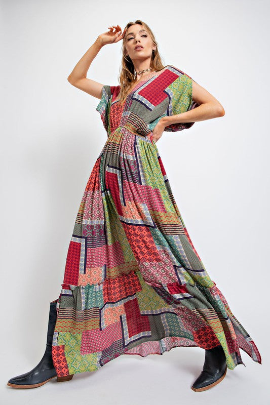 Easel Boho Patchwork Printed Gauze Maxi Dress