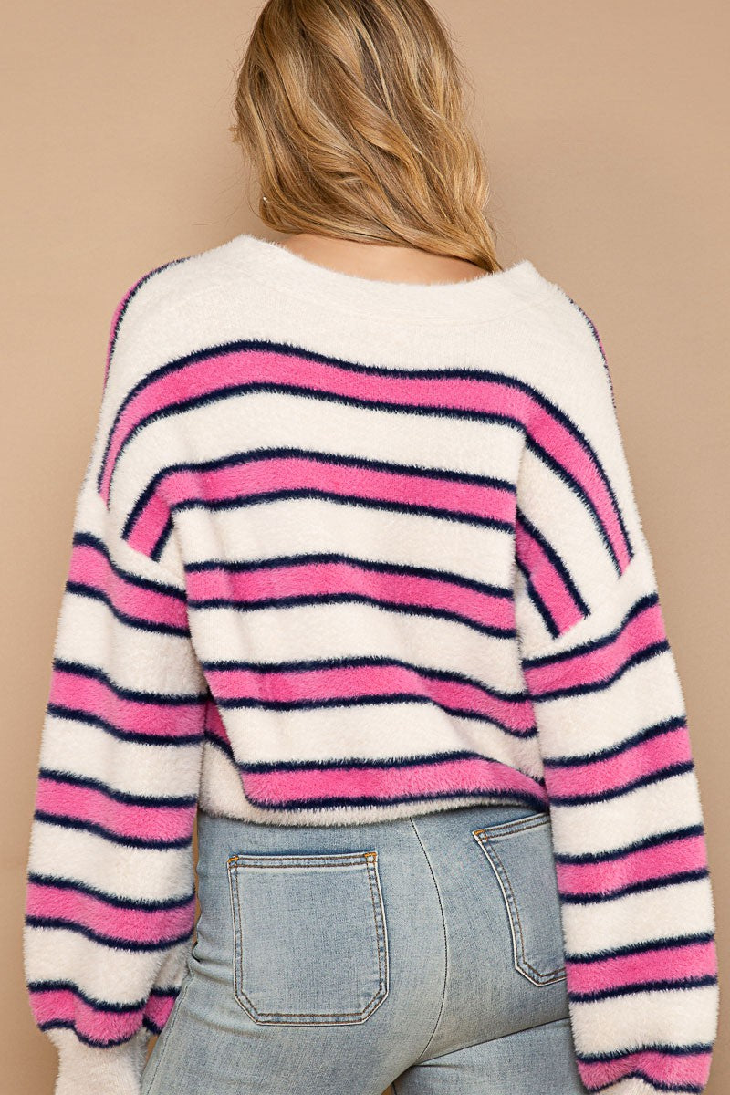 POL Oversize Button Striped Mohair Cardigan Sweater Top