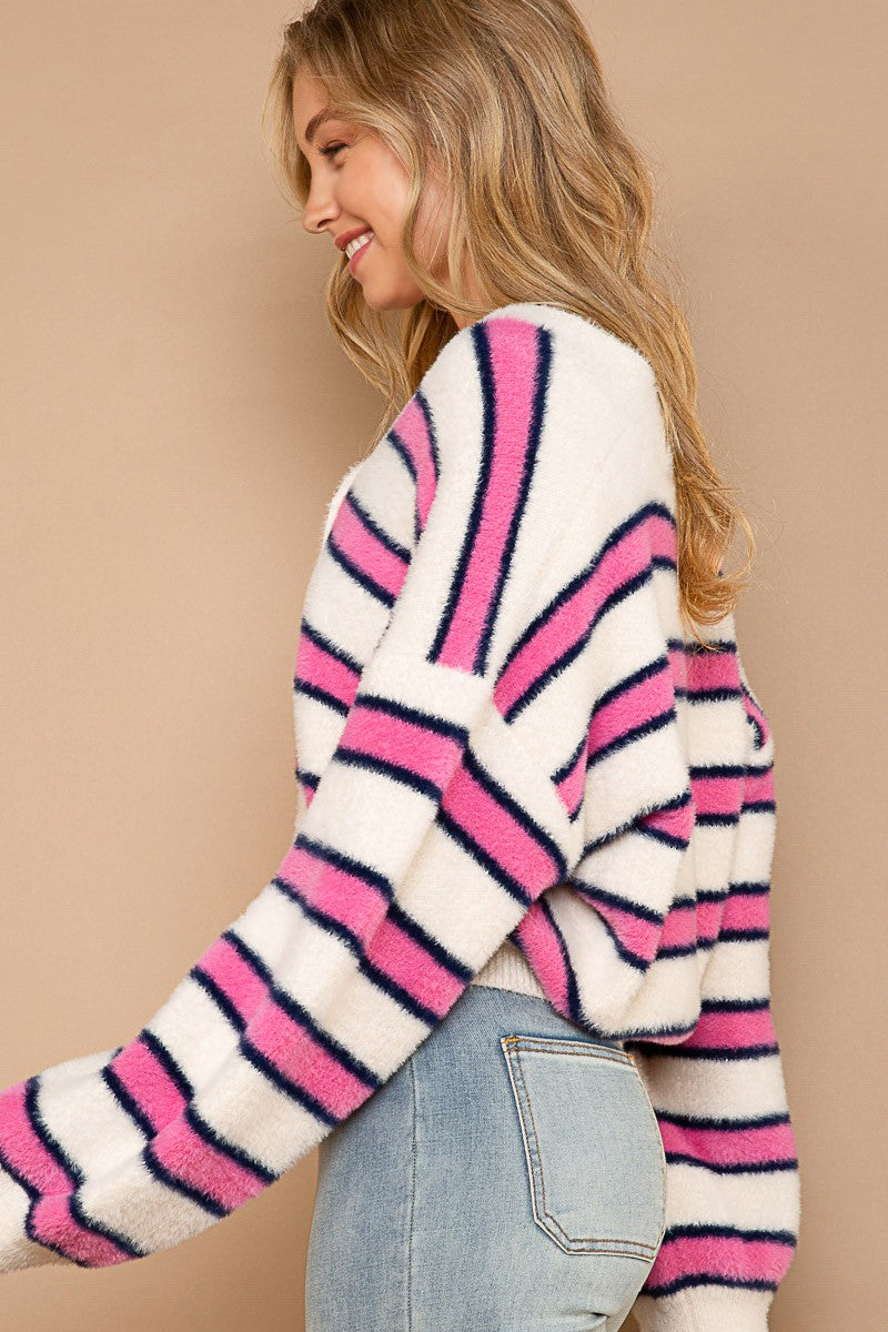 POL Oversize Button Striped Mohair Cardigan Sweater Top