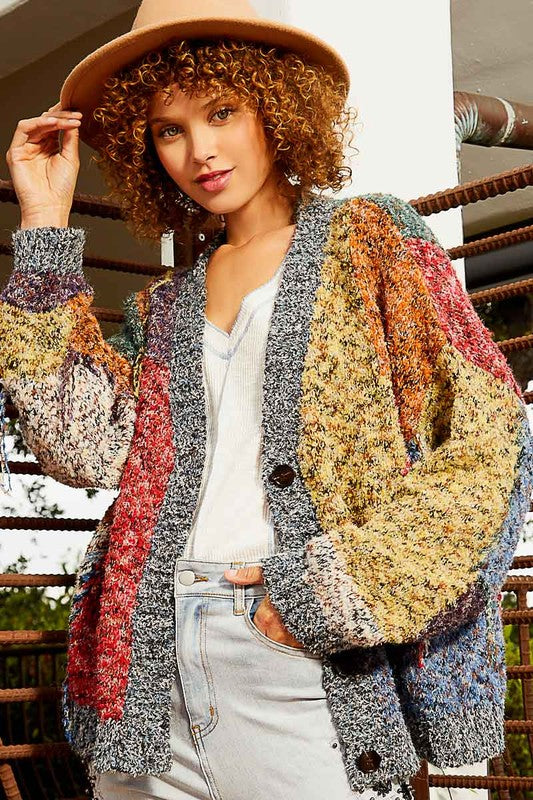 POL Multicolor Button Front Color Block Cardigan Sweater - Roulhac Fashion Boutique