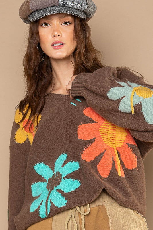 POL Floral Pattern Print V Neck Pullover Sweater Top