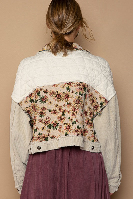 POL Beige Contrast Quilt Panel Corduroy Jacquard Jacket - Roulhac Fashion Boutique