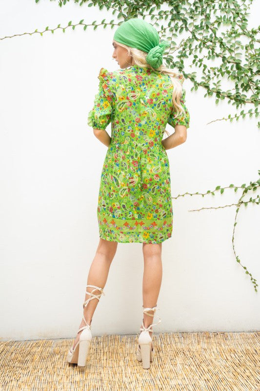 Gipsy Queen Green Floral Button Down Puff Sleeve Mini Dress