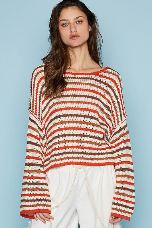 POL Round Neck Long Sleeve Stripe Pullover Sweater Top