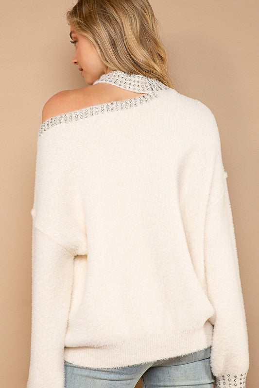 POL Rich Cream Mohair Halter Neck Rhinestone Adorned Sweater - Roulhac Fashion Boutique