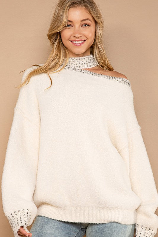 POL Rich Cream Mohair Halter Neck Rhinestone Adorned Sweater - Roulhac Fashion Boutique