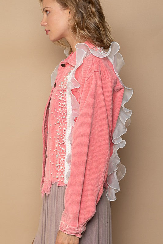 POL Neon Pink Embellish Pearls Mesh Ruffle Corduroy Jacket - Roulhac Fashion Boutique