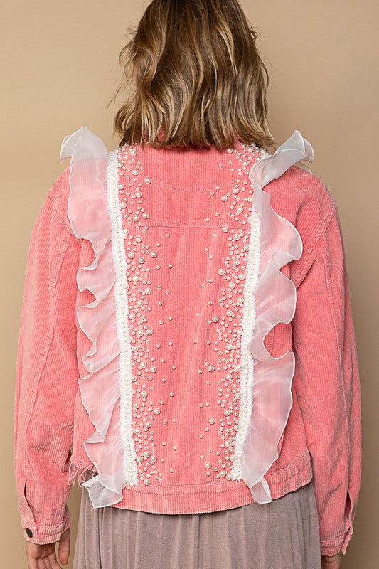POL Neon Pink Embellish Pearls Mesh Ruffle Corduroy Jacket - Roulhac Fashion Boutique