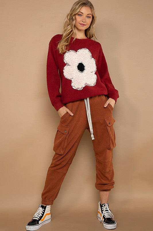 POL Maroon Lace Trim Pearl Stud Flower Shape Sweater - Roulhac Fashion Boutique