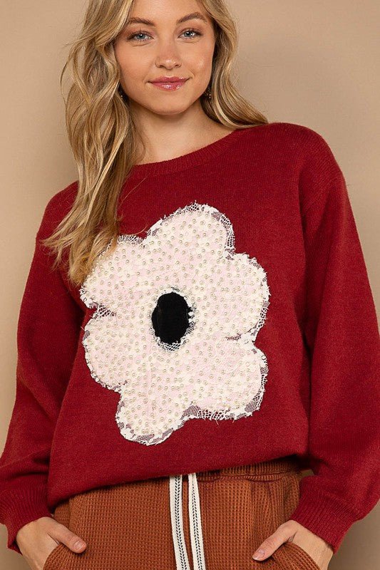 POL Maroon Lace Trim Pearl Stud Flower Shape Sweater - Roulhac Fashion Boutique