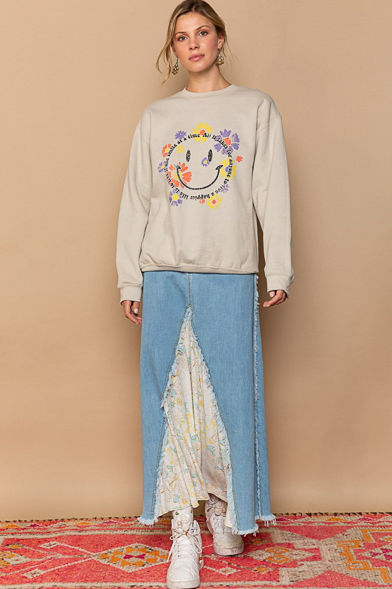 POL Smiley Face Floral Print Crew Pullover Sweatshirt Top