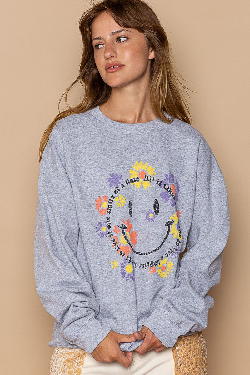 POL Smiley Face Floral Print Crew Pullover Sweatshirt Top