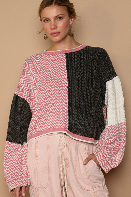 POL Contrast Twisted Weave Chevon Pattern Sweater Top