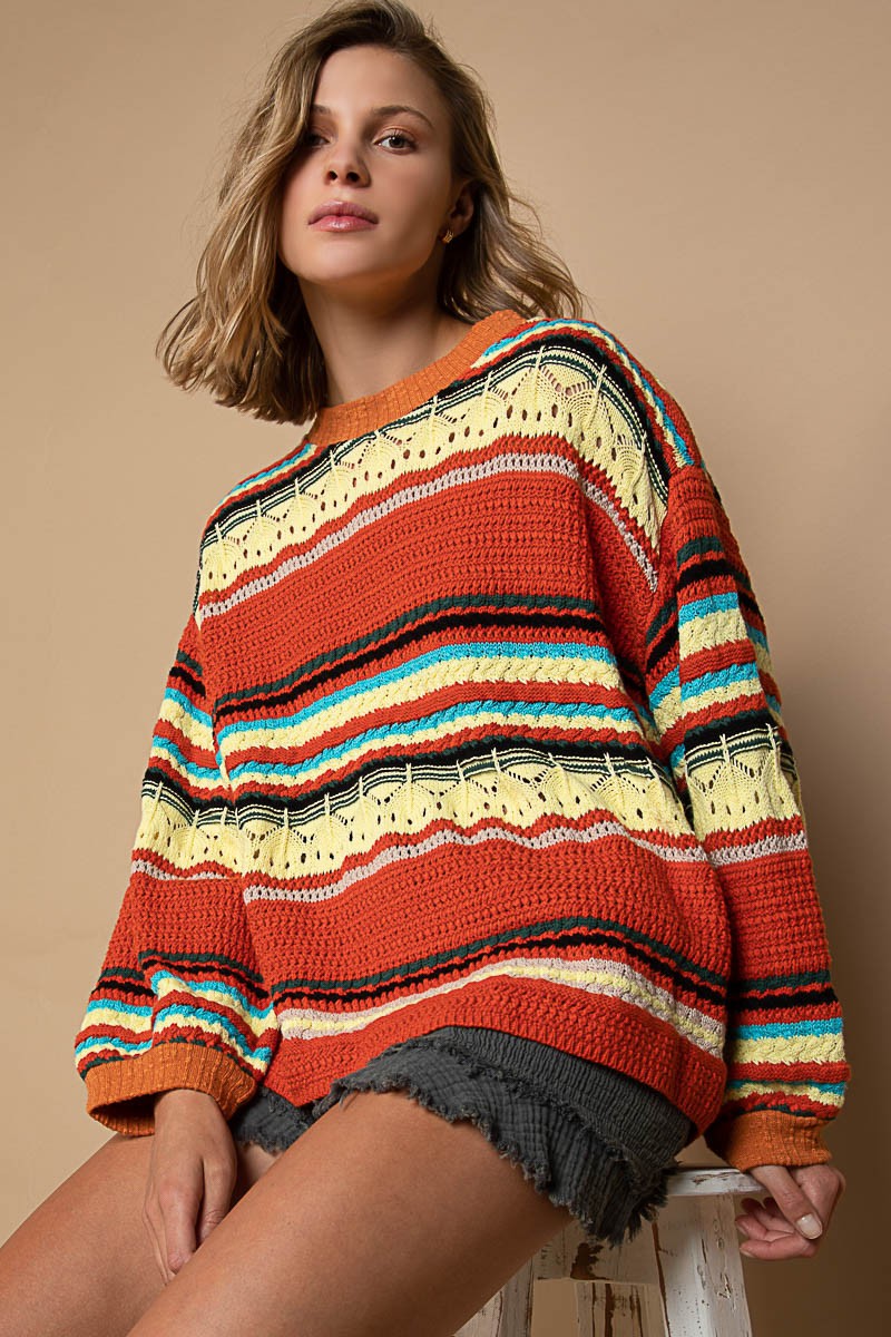 POL Balloon Sleeve Striped Pullover Sweater Top