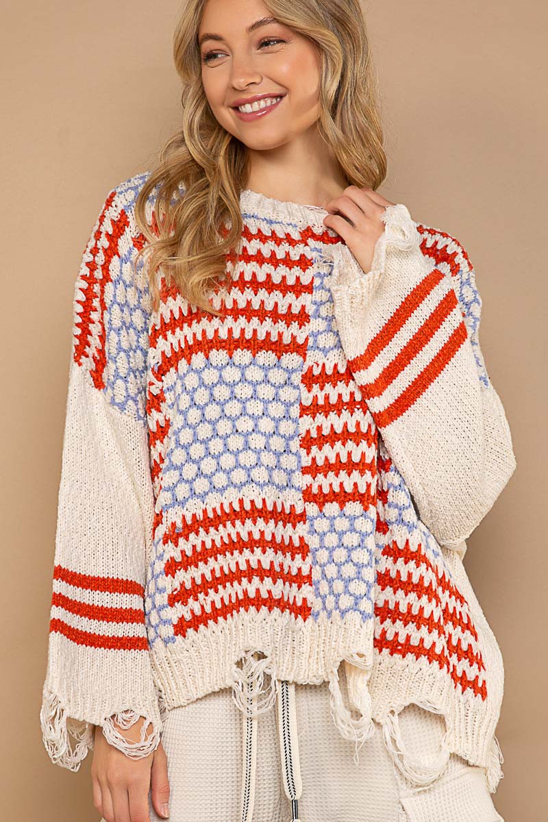 POL Multi Pattern Color Block Distressed Sweater Top