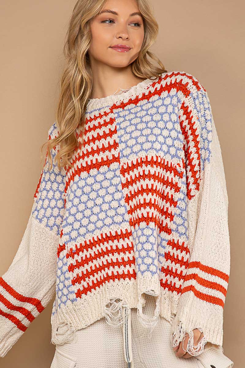 POL Multi Pattern Color Block Distressed Sweater Top