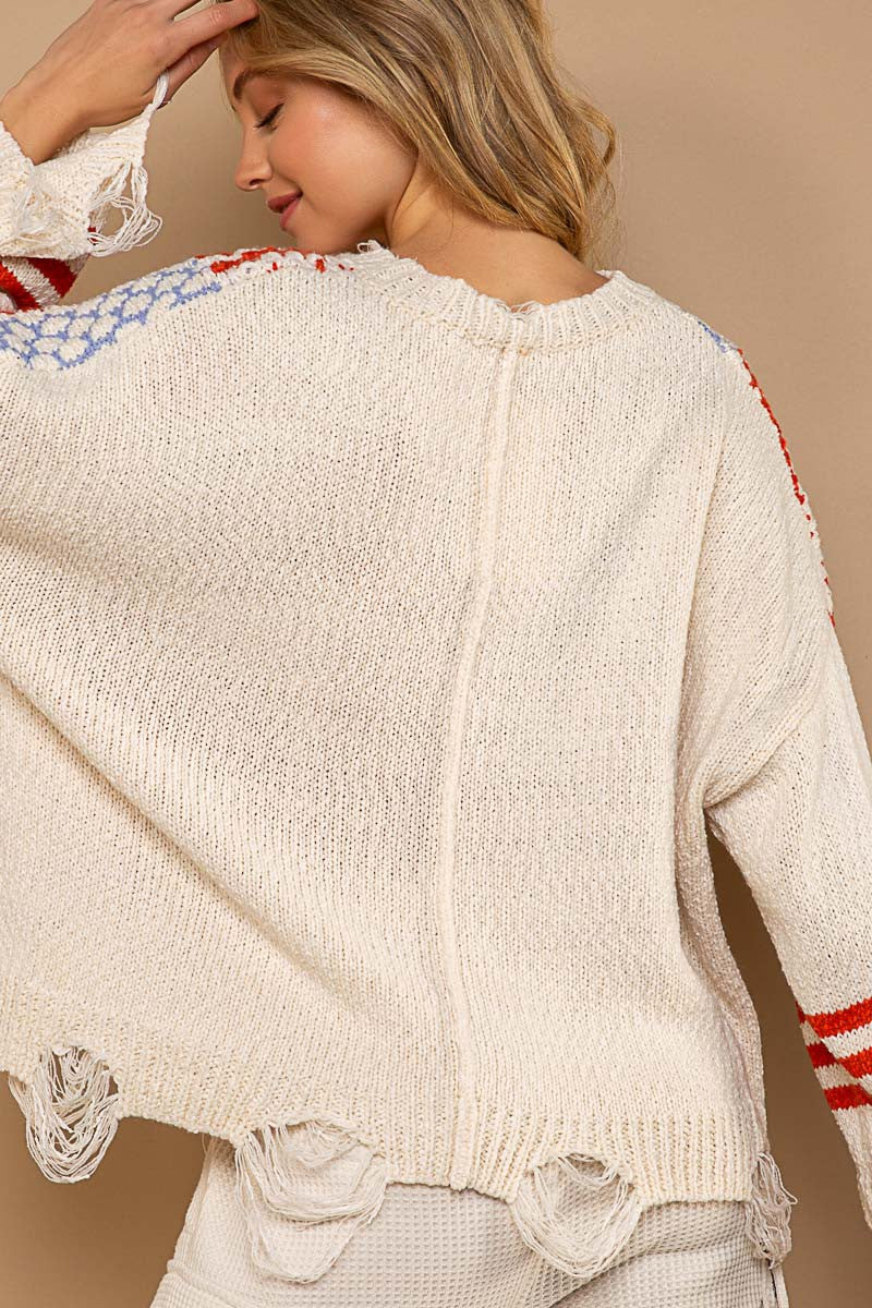 POL Multi Pattern Color Block Distressed Sweater Top