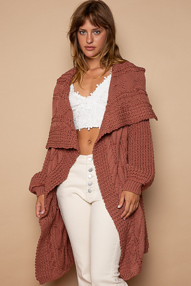 POL Twist Weave Shawl Collar Balloon Sweater Cardigan Top