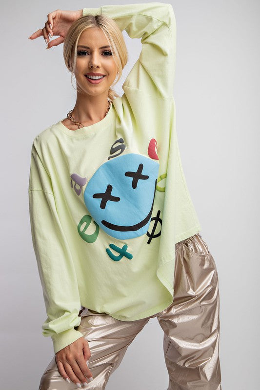 Easel Smiley Face Mineral Washed Top