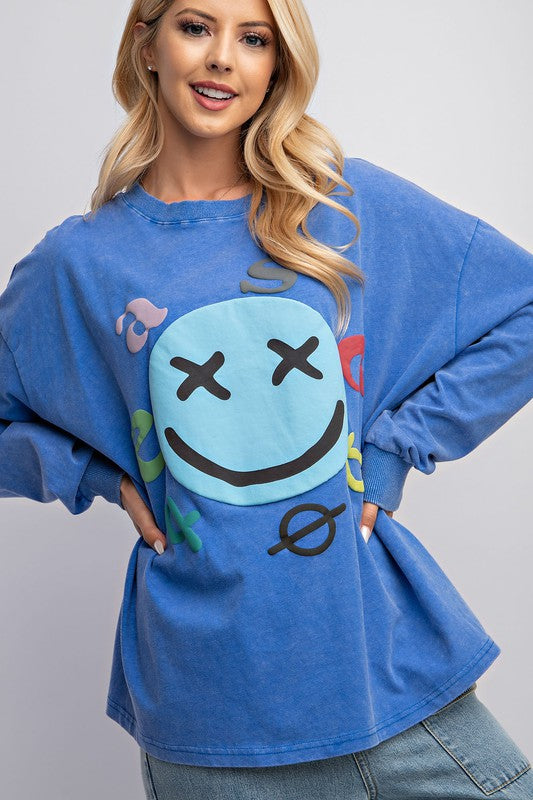 Easel Smiley Face Mineral Washed Top - Roulhac Fashion Boutique