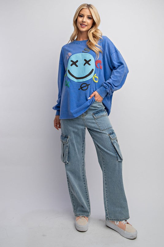 Easel Smiley Face Mineral Washed Top - Roulhac Fashion Boutique