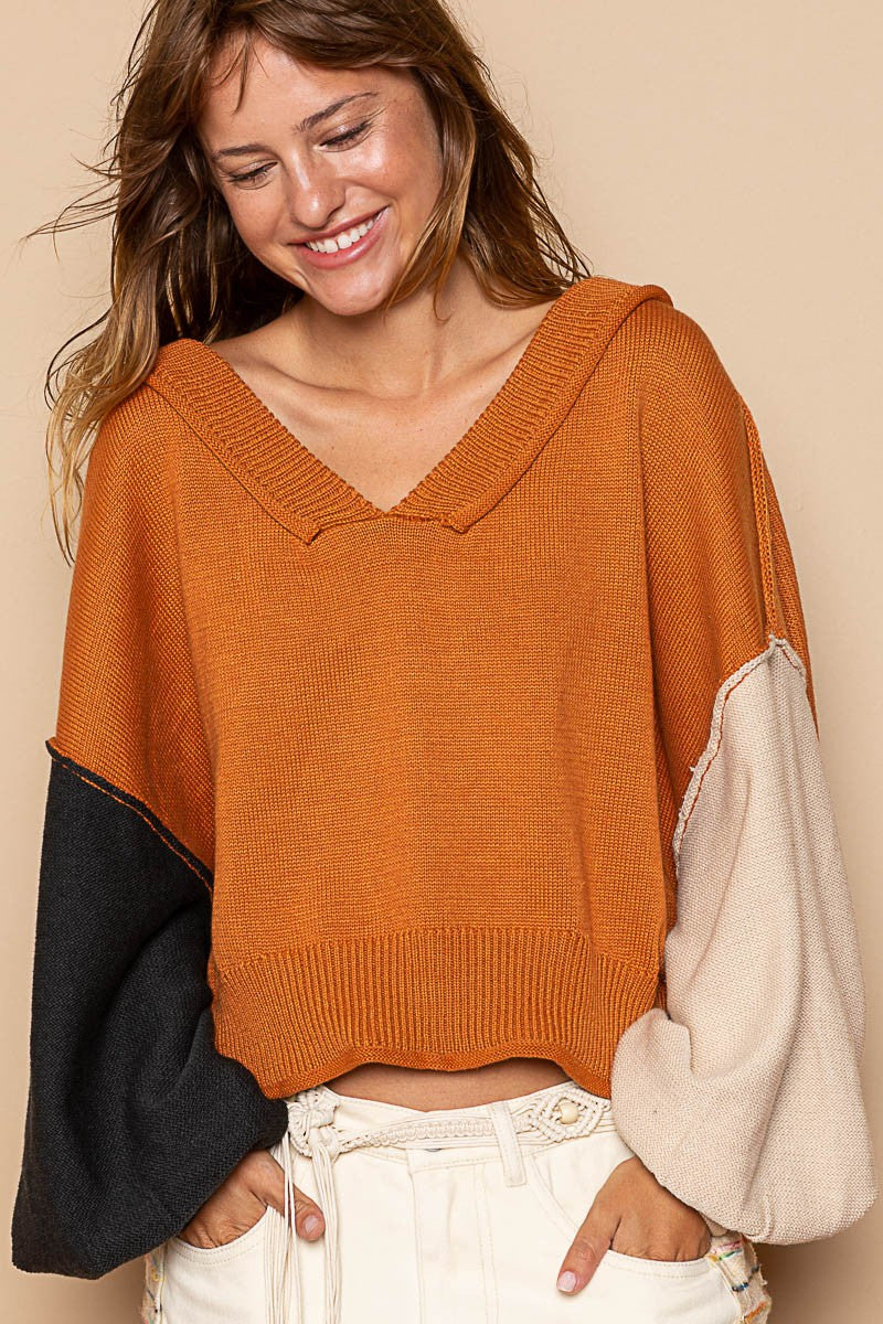 POL Contrasting Balloon Sleeve Basic Pullover Sweater Top