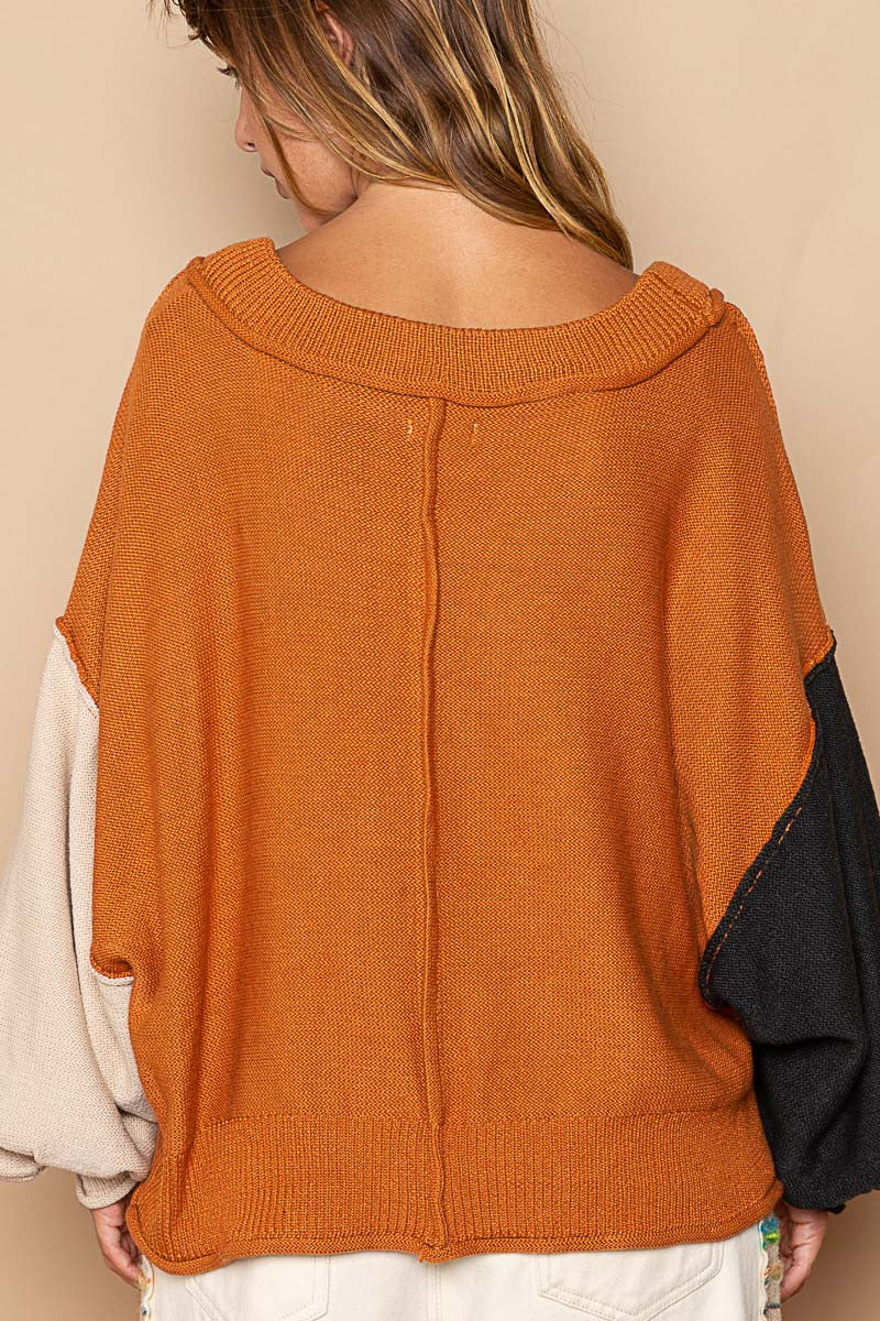 POL Contrasting Balloon Sleeve Basic Pullover Sweater Top