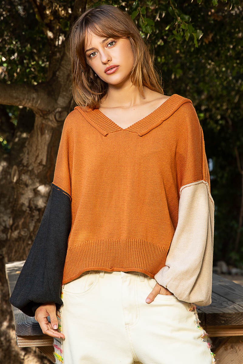 POL Contrasting Balloon Sleeve Basic Pullover Sweater Top