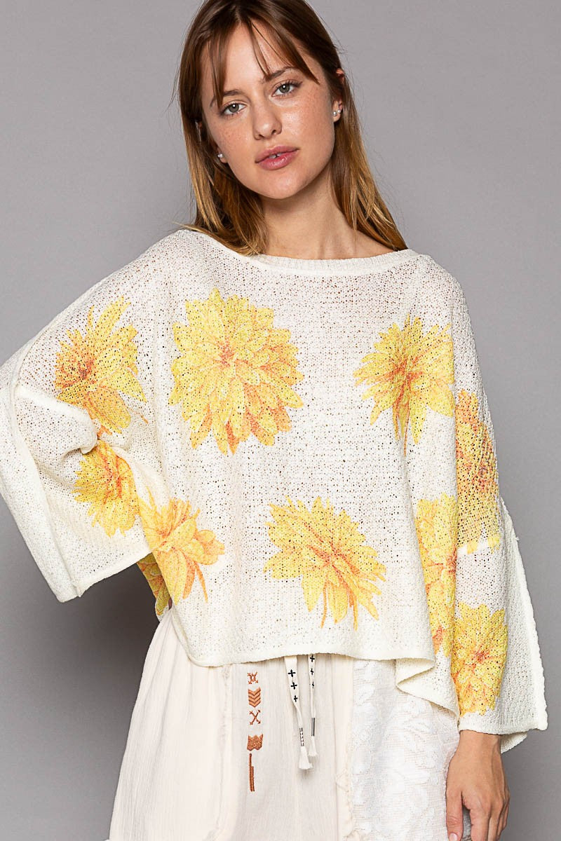 POL Round Neck Flower Print Solid Light Weight Sweater Top