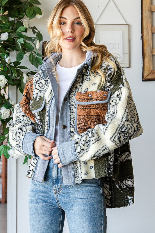 Oli & Hali Bandana Print Hooded Cropped Relaxed Sherpa Jacket - Roulhac Fashion Boutique