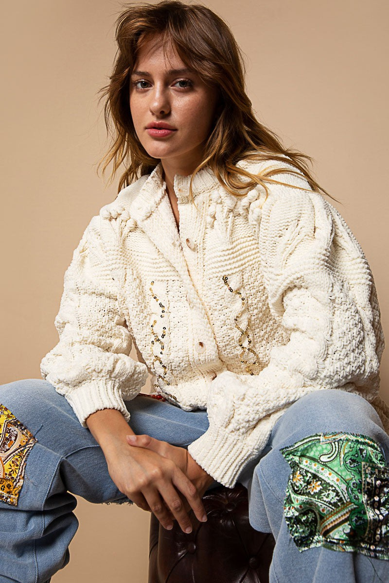 POL Sequin Detailed Balloon Sleeve Solid Cardigan Top