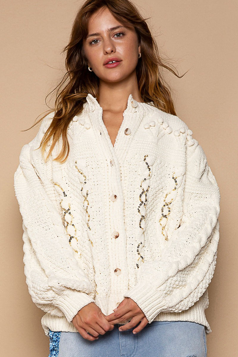 POL Sequin Detailed Balloon Sleeve Solid Cardigan Top