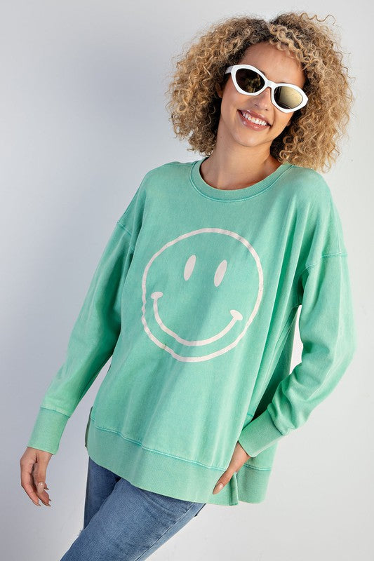 Easel Smiley Face Mineral Washed Cotton Top
