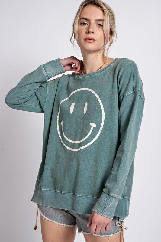 Easel Smiley Face Mineral Washed Cotton Top