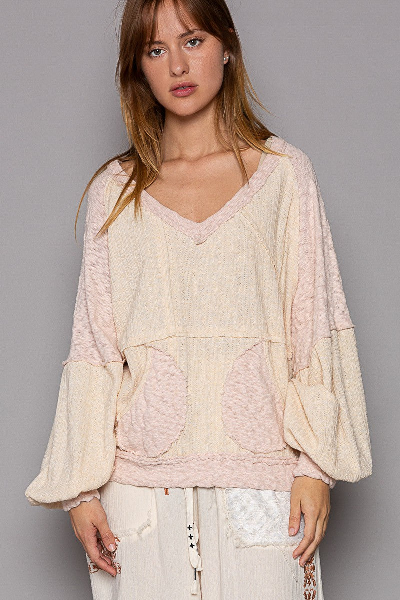 POL Oversized V Neck Outseam Detail Textured Knit Top