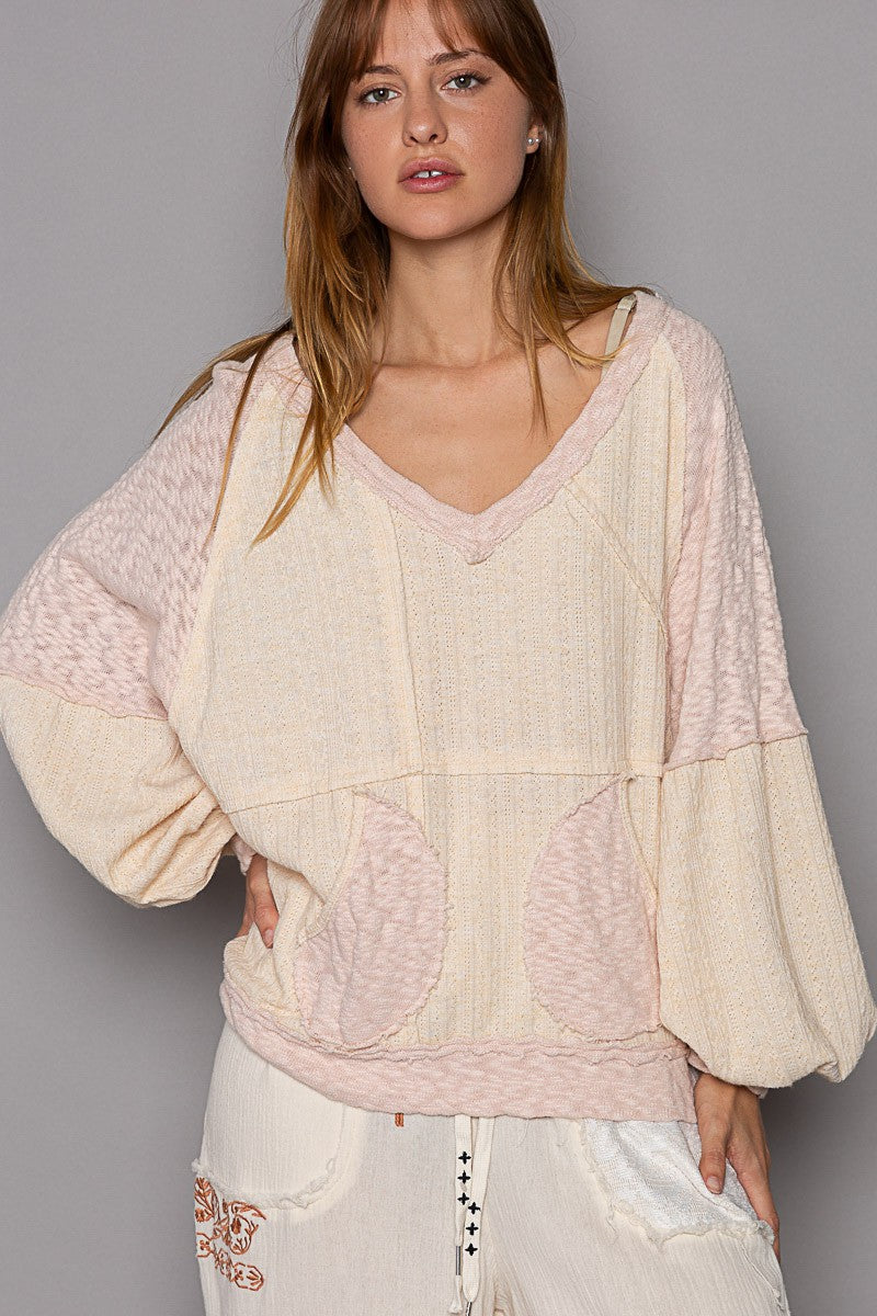POL Oversized V Neck Outseam Detail Textured Knit Top