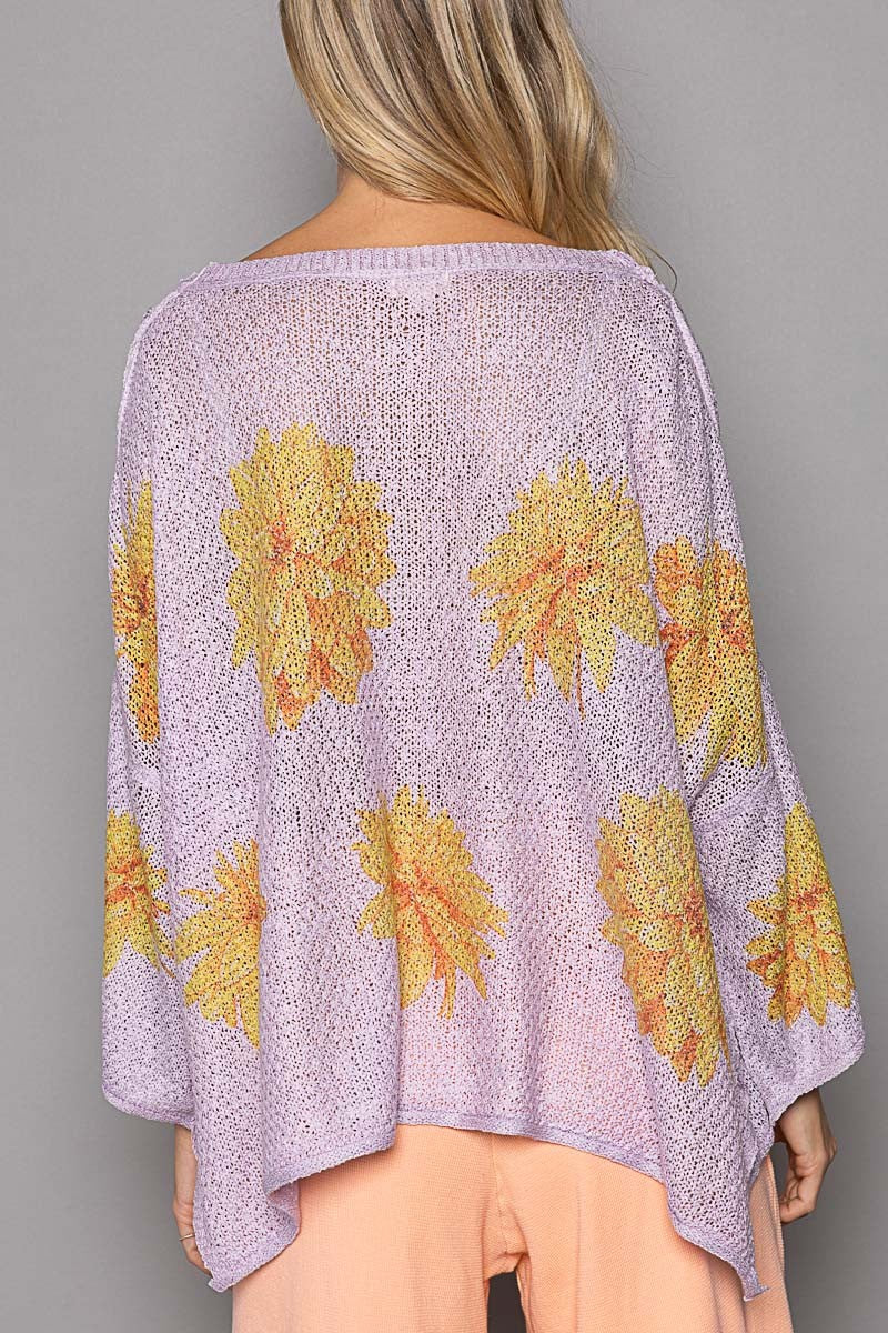 POL Round Neck Flower Print Solid Light Weight Sweater Top