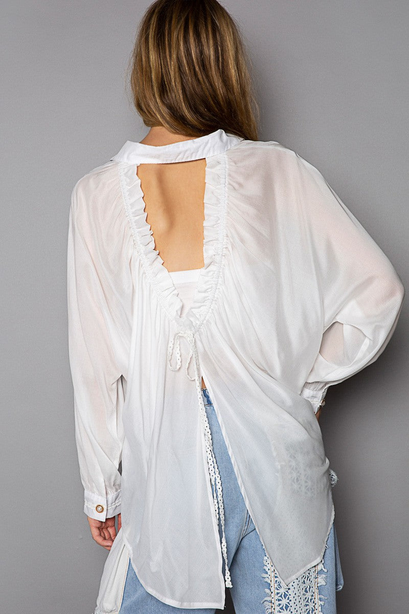 POL Open Back Batwing Long Sleeve Button Down Shirt Top