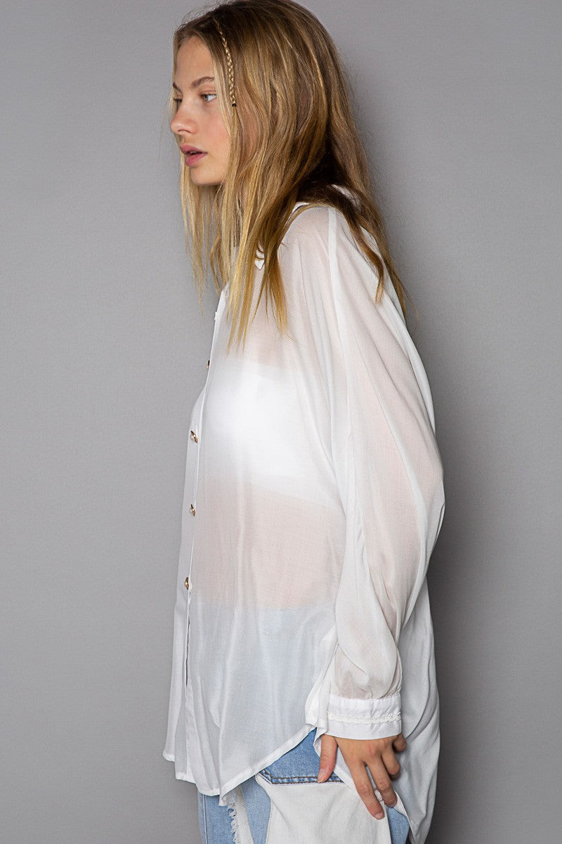 POL Open Back Batwing Long Sleeve Button Down Shirt Top