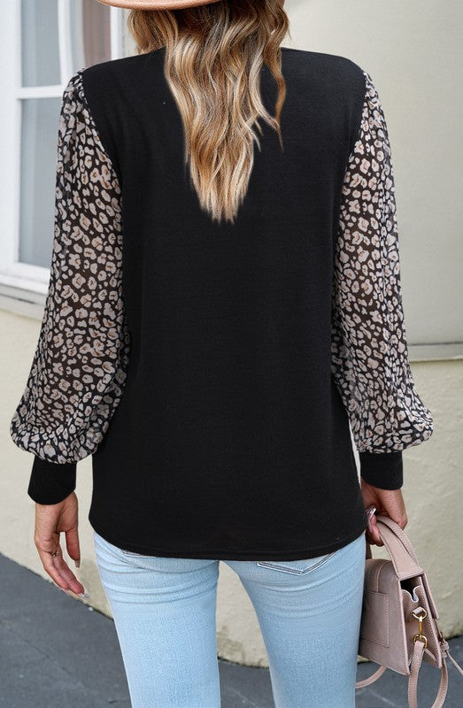 Anna Kaci Leopard Bishop Sleeve Sweater