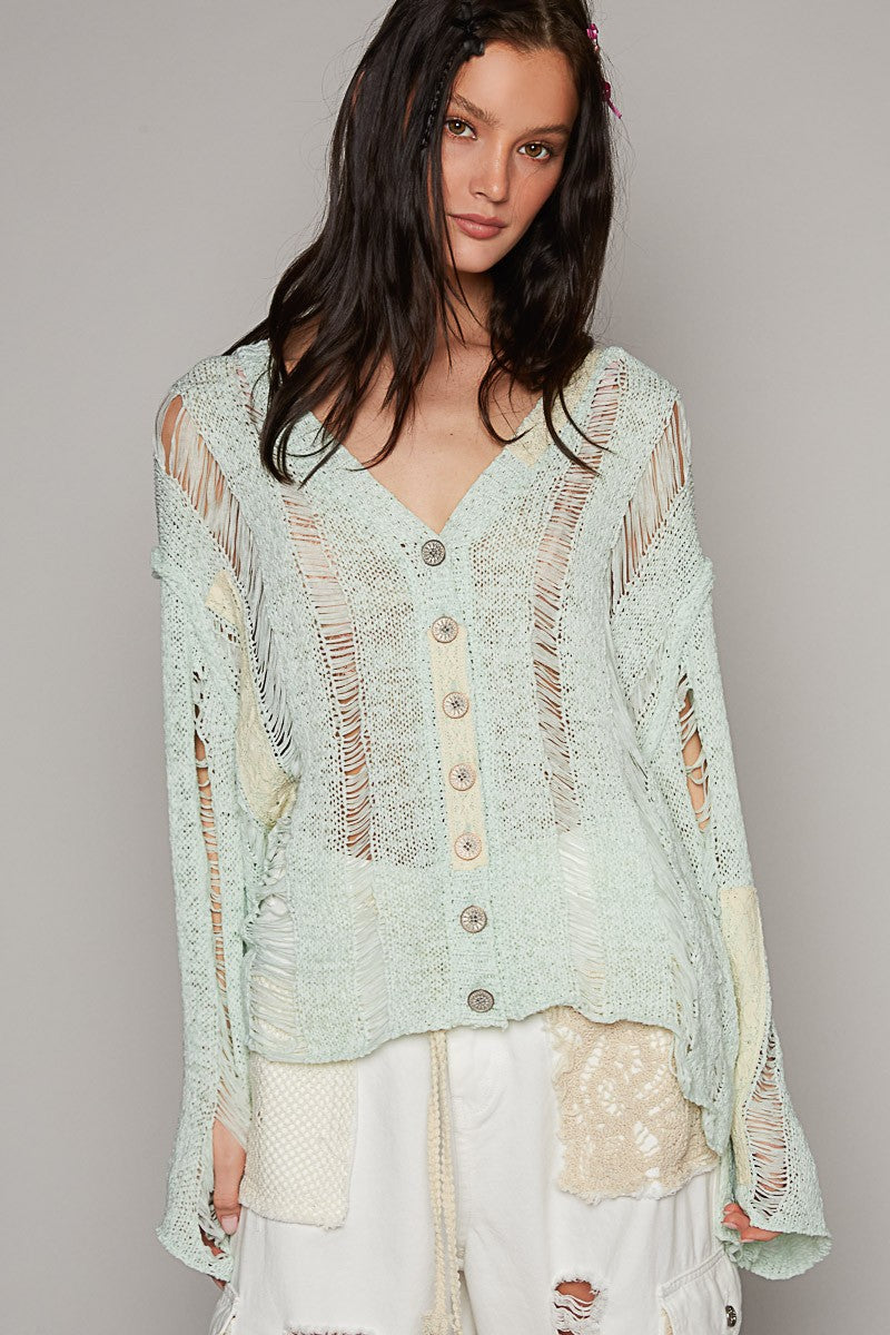 POL Long Sleeve Distressed Lace Trim V Neck Cardigan Top