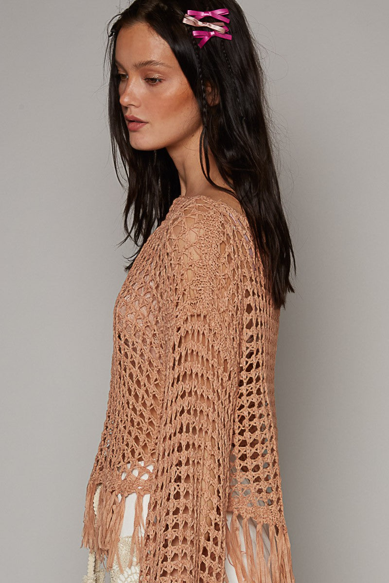 POL Oversize Boat Neck Long Sleeve Fringe Pullover Top