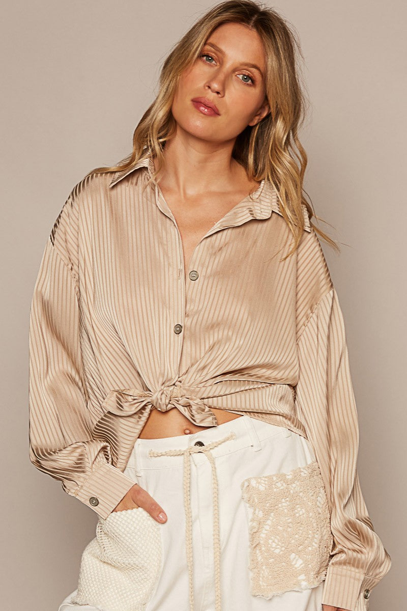 POL Long Sleeve Solid Metal Button Down Shirts Top