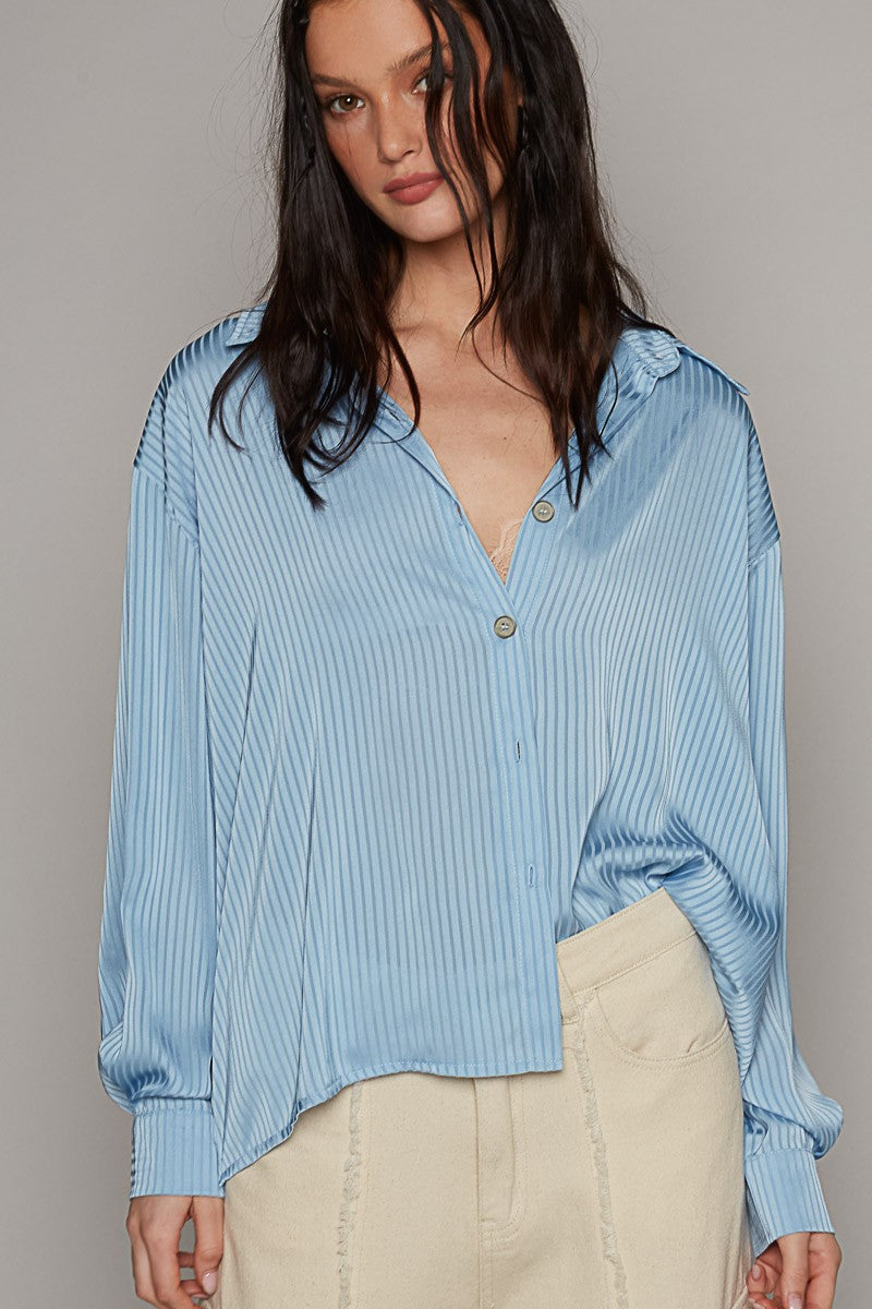 POL Long Sleeve Solid Metal Button Down Shirts Top