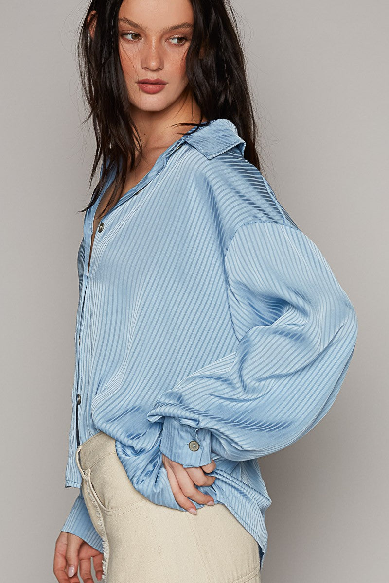 POL Long Sleeve Solid Metal Button Down Shirts Top