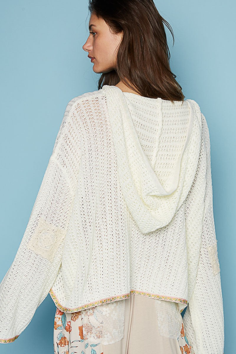 POL Long Sleeve V Neck Crochet Patches Solid Cardigan Top