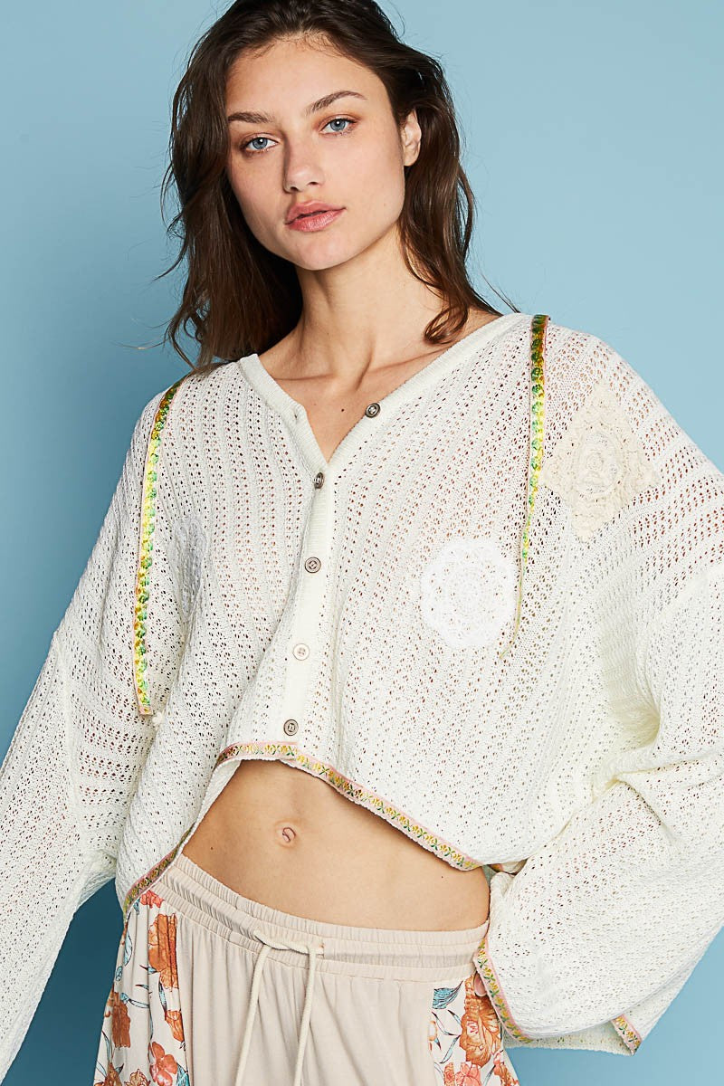 POL Long Sleeve V Neck Crochet Patches Solid Cardigan Top
