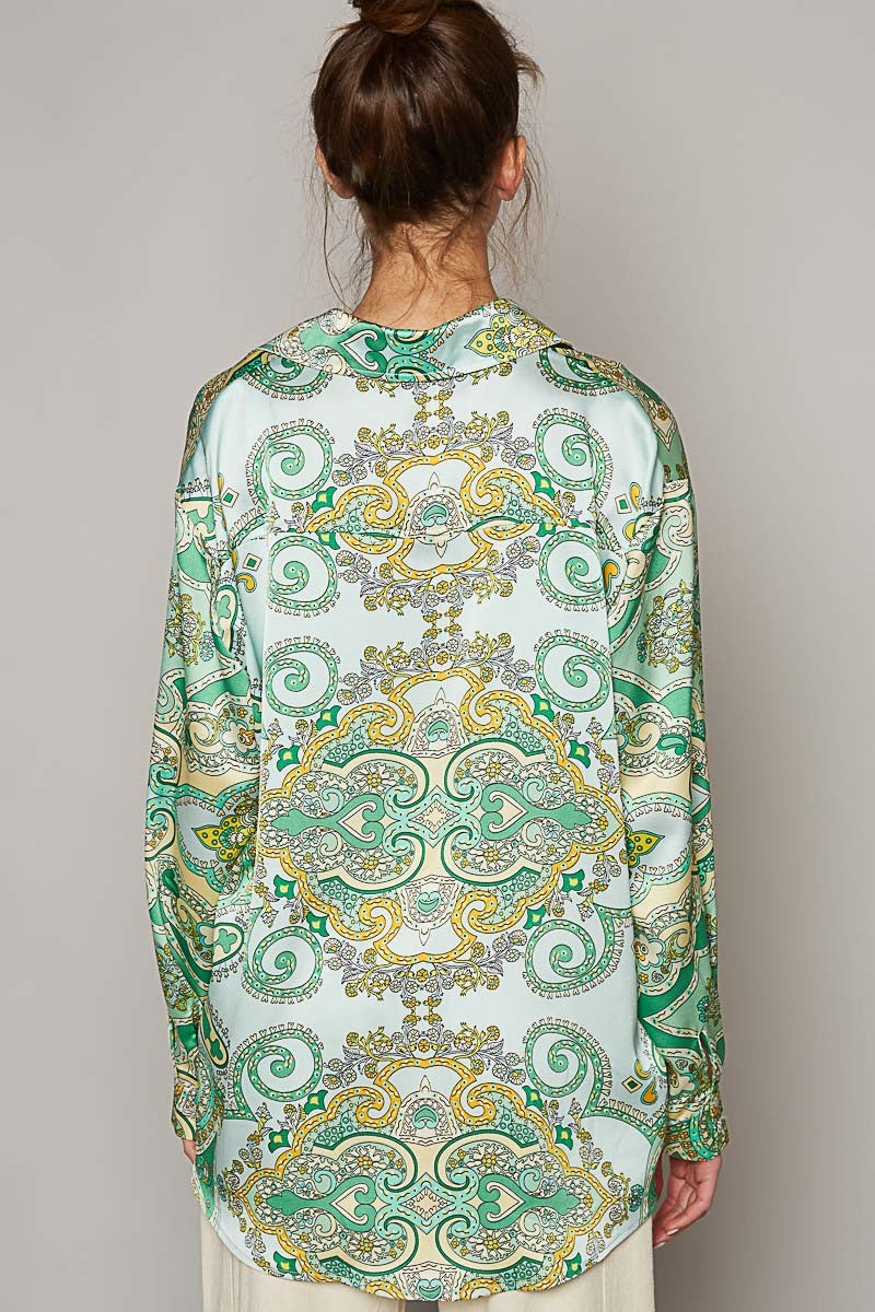POL Long Sleeve Paisely Print Button Down Shirt Top