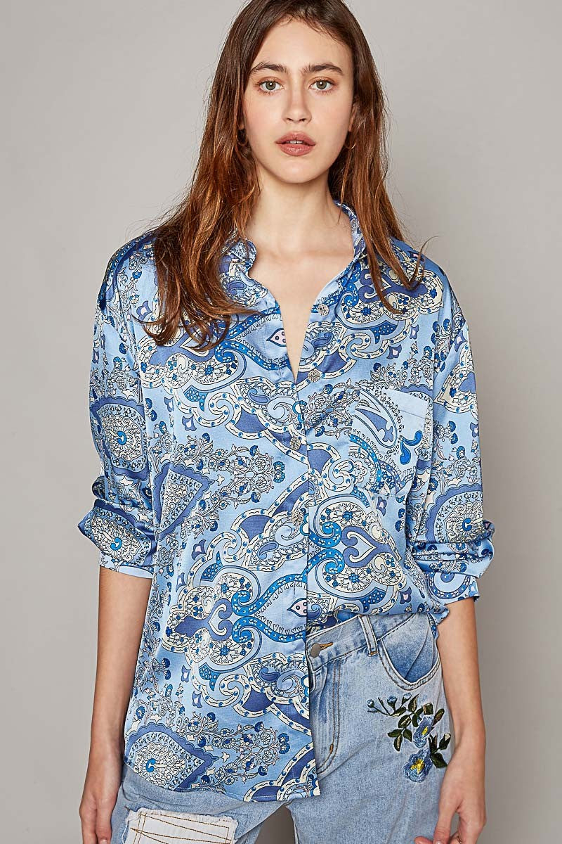 POL Long Sleeve Paisely Print Button Down Shirt Top